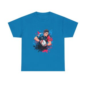 Unisex heavy cotton tee featuring a dynamic rugby player illustration with a rugby ball