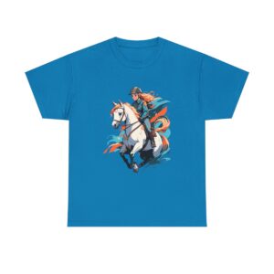 Unisex Tee with design of a young woman riding a white horse in action