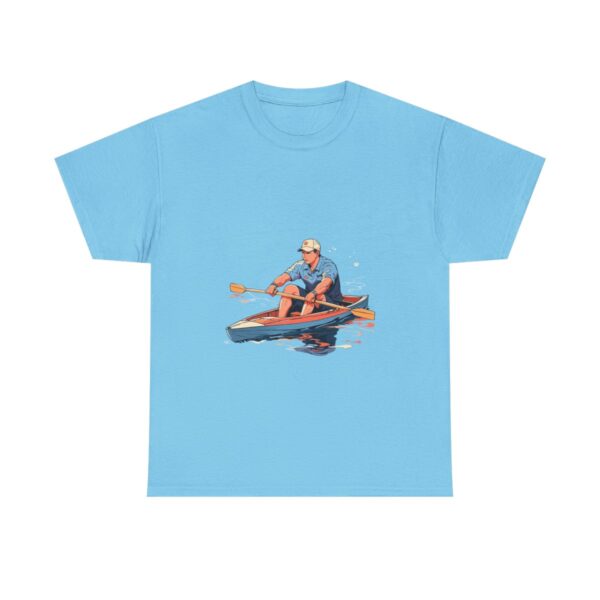 Unisex heavy cotton tee featuring a person rowing a kayak on water