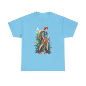 Unisex heavy cotton tee with a hiker exploring the wilderness design