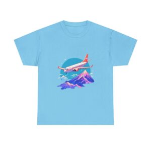 Unisex heavy cotton tee with an airplane flying over mountains design