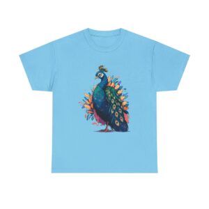 Unisex heavy cotton tee with a vibrant peacock illustration