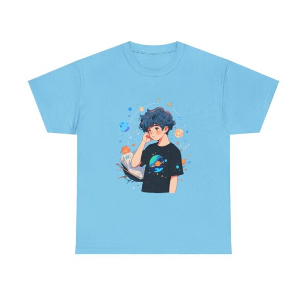 Unisex heavy cotton tee featuring a young person with blue hair surrounded by planets and stars