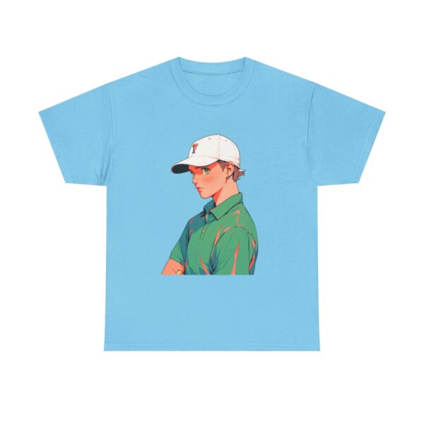 Unisex heavy cotton tee featuring a focused golfer in a cap and polo shirt