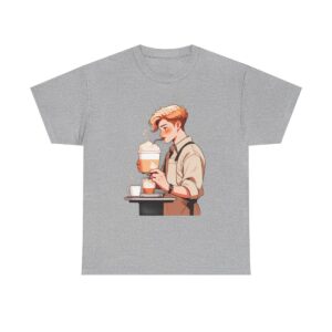 Unisex heavy cotton tee with barista preparing a large cup of coffee design