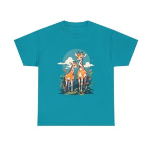 Unisex tee featuring two giraffes standing together against a blue sky