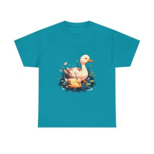 Unisex tee featuring a serene duck with ducklings swimming in a pond