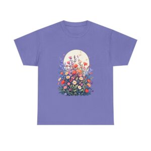 Unisex tee with a dreamy meadow design featuring a variety of colorful flowers under a full moon