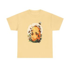 Unisex heavy cotton tee with beehive and bees design surrounded by flowers