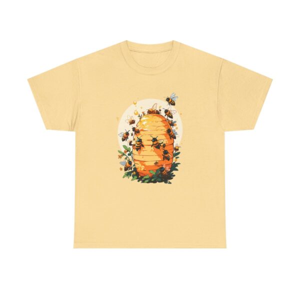 Unisex heavy cotton tee with beehive and bees design surrounded by flowers