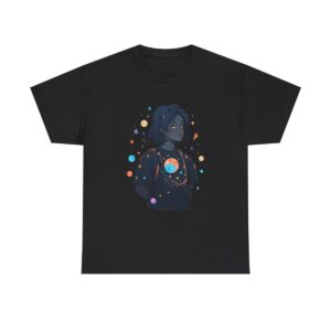 Unisex heavy cotton tee featuring a young person with a cosmic-themed design including planets and stars