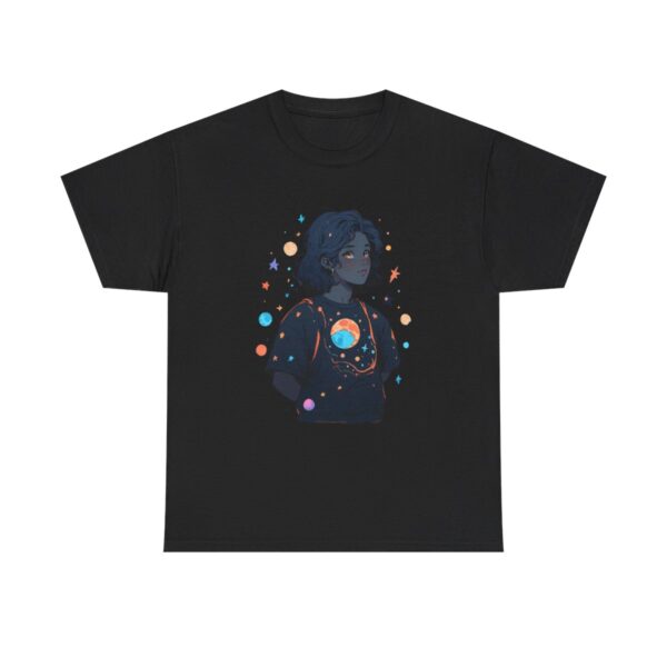 Unisex heavy cotton tee featuring a young person with a cosmic-themed design including planets and stars