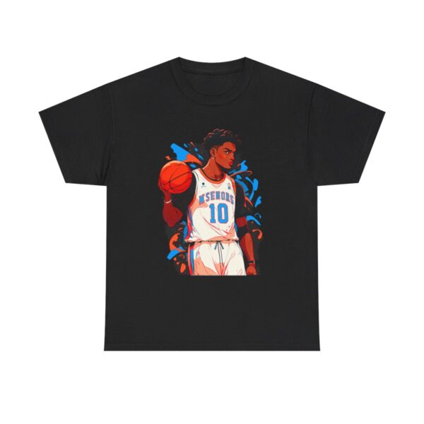 Unisex heavy cotton tee featuring a basketball player holding a ball with dynamic background