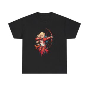 Unisex Tee with design of a female archer in action, aiming her bow