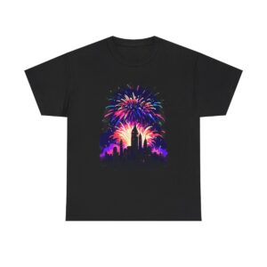 Unisex Tee with a colorful fireworks design over a city skyline