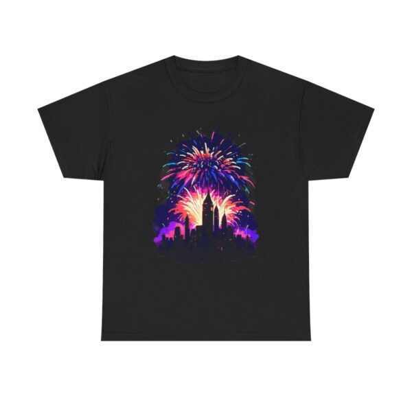 Unisex Tee with a colorful fireworks design over a city skyline