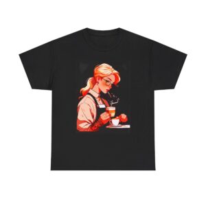 Unisex heavy cotton tee with barista holding a cup of coffee design