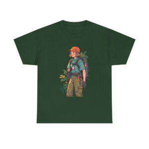 Unisex heavy cotton tee with a hiker in the wilderness design