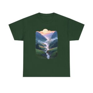 Unisex heavy cotton tee with a scenic valley and river design