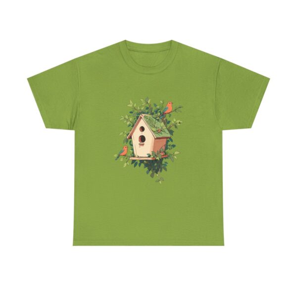 Unisex heavy cotton tee with birdhouse and birds design surrounded by foliage