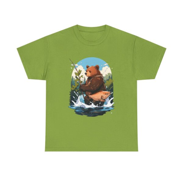 Bear catching a fish in a river design on a T-shirt