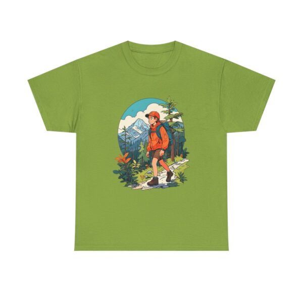 Hiker with backpack in a mountain landscape design on a T-shirt