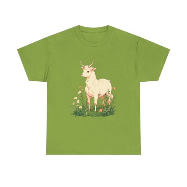 Unisex heavy cotton tee with an illustration of an alpaca in a meadow