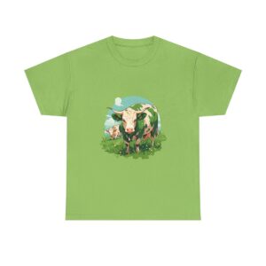 Unisex heavy cotton tee with an illustration of cows in a grassy field