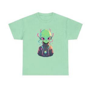 Unisex heavy cotton tee featuring a colorful and friendly alien character