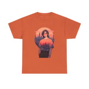 Unisex tee with a stylish figure in front of a cityscape at sunset