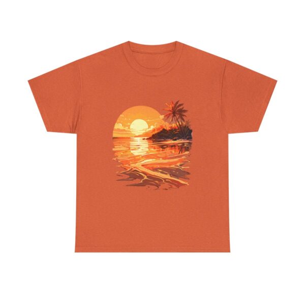 Unisex tee featuring a picturesque golden sunrise over a tropical beach