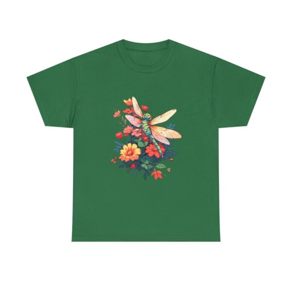 Unisex tee with a dragonfly design featuring colorful flowers