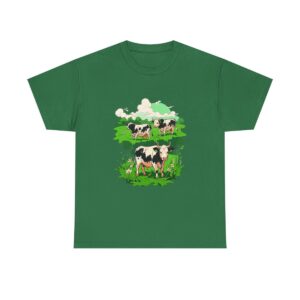 Unisex heavy cotton tee with an illustration of cows grazing in a green field