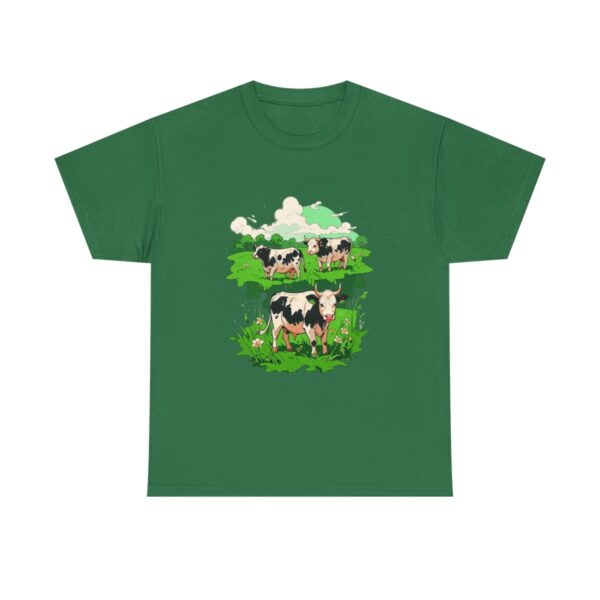 Unisex heavy cotton tee with an illustration of cows grazing in a green field