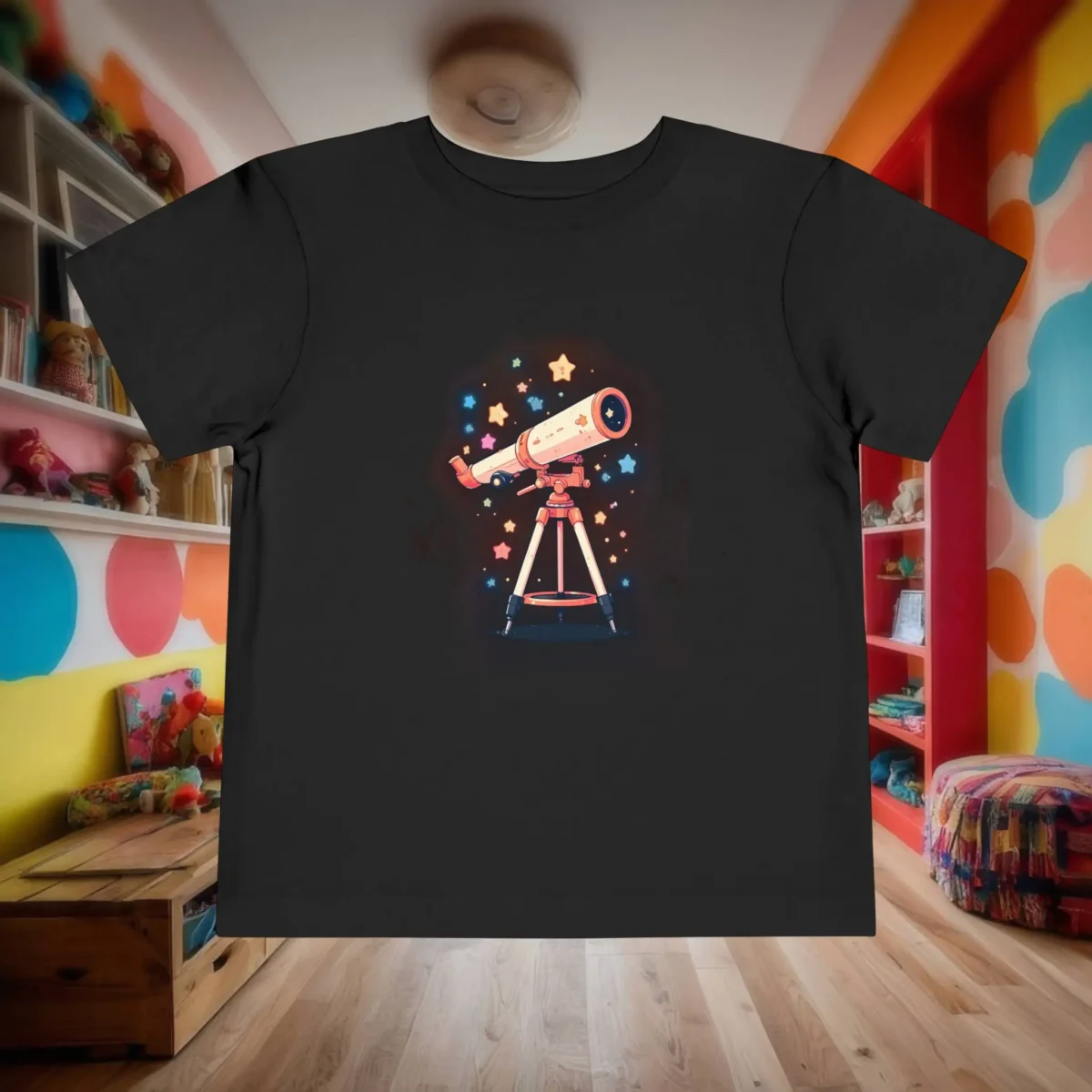 Flat lay of black toddler t-shirt with illustrated telescope and stars.