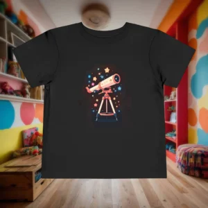 Flat lay of black toddler t-shirt with illustrated telescope and stars.