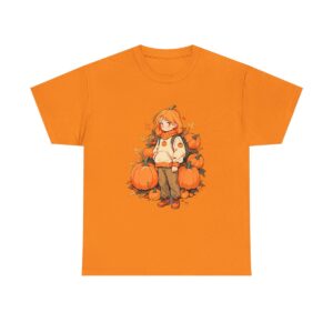 Unisex Tee with a cute autumn scene featuring a child among pumpkins