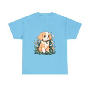 Unisex heavy cotton tee with cute puppy sitting among flowers