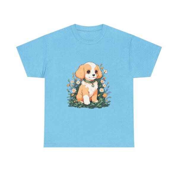 Unisex heavy cotton tee with cute puppy sitting among flowers