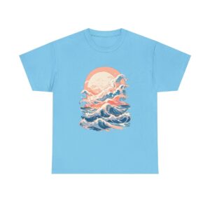 Unisex tee with a beach design featuring ocean waves and a setting sun