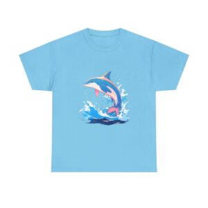 Unisex tee with a dolphin design featuring a leaping dolphin in splashing waves