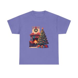 Unisex tee with a Christmas tree design featuring a decorated tree, fireplace, and stockings