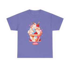 Unisex tee with a sundae design featuring a colorful ice cream sundae with cherries and wafers