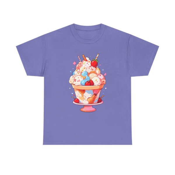 Unisex tee with a sundae design featuring a colorful ice cream sundae with cherries and wafers