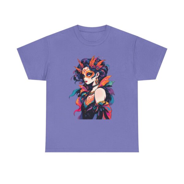 Unisex tee with masquerade ball design featuring a vibrant mask