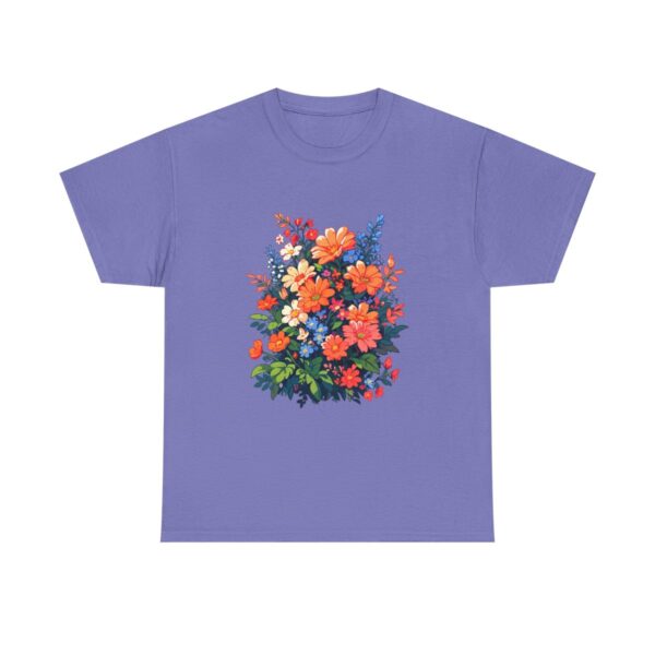 Unisex tee with a flourishing garden design featuring a variety of colorful flowers