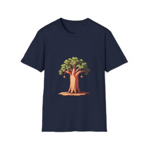 navy blue t-shirt with a baobab tree design