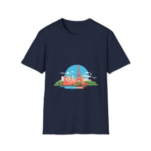 navy blue t-shirt with Eiffel Tower and Paris cityscape design in front