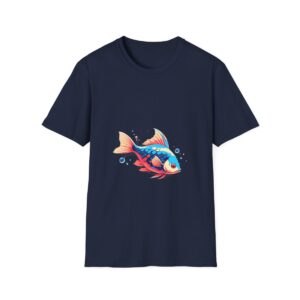 vibrant fish graphic on a navy blue t-shirt