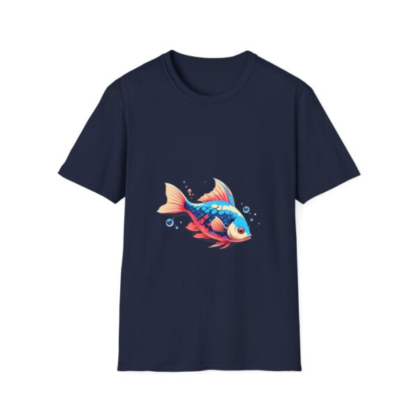 vibrant fish graphic on a navy blue t-shirt